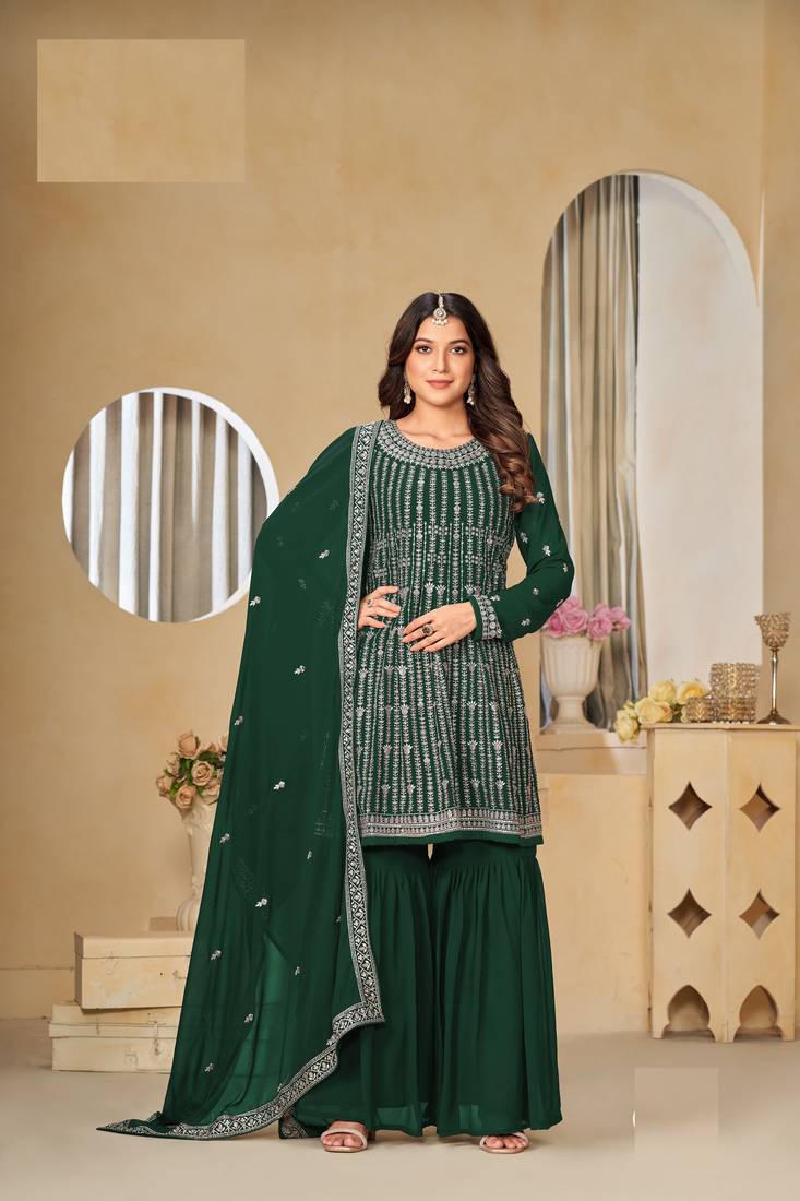 GREEN FAUX GEORGETTE EMBROIDERED PLAZZO SALWAR KAMEEZ