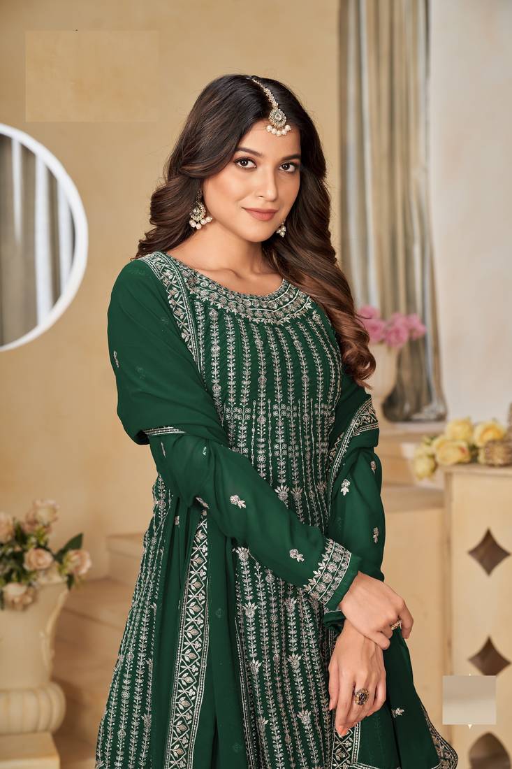 GREEN FAUX GEORGETTE EMBROIDERED PLAZZO SALWAR KAMEEZ