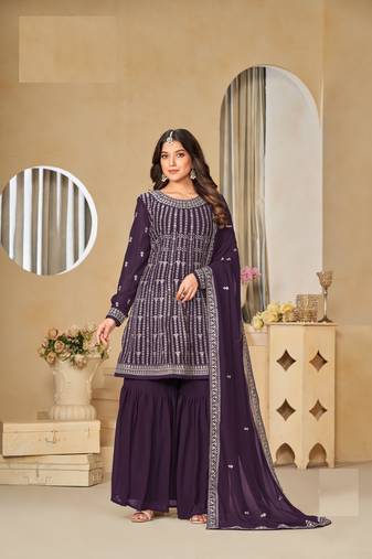 WINE FAUX GEORGETTE EMBROIDERED PLAZZO SALWAR KAMEEZ