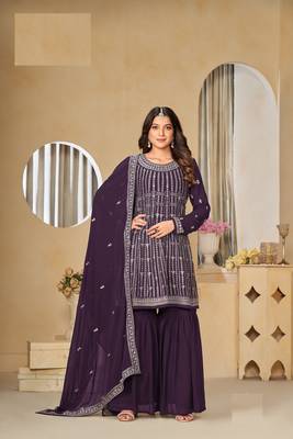 WINE FAUX GEORGETTE EMBROIDERED PLAZZO SALWAR KAMEEZ 2