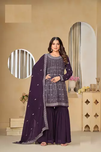 WINE FAUX GEORGETTE EMBROIDERED PLAZZO SALWAR KAMEEZ