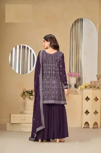 WINE FAUX GEORGETTE EMBROIDERED PLAZZO SALWAR KAMEEZ