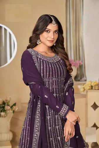 WINE FAUX GEORGETTE EMBROIDERED PLAZZO SALWAR KAMEEZ