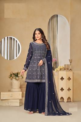 NAVY BLUE FAUX GEORGETTE EMBROIDERED PLAZZO SALWAR KAMEEZ 1