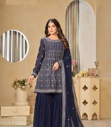 NAVY BLUE FAUX GEORGETTE EMBROIDERED PLAZZO SALWAR KAMEEZ