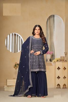 NAVY BLUE FAUX GEORGETTE EMBROIDERED PLAZZO SALWAR KAMEEZ 2
