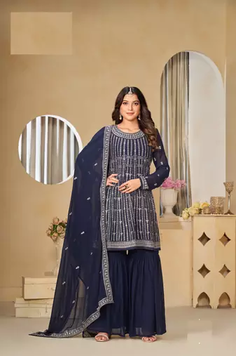 NAVY BLUE FAUX GEORGETTE EMBROIDERED PLAZZO SALWAR KAMEEZ