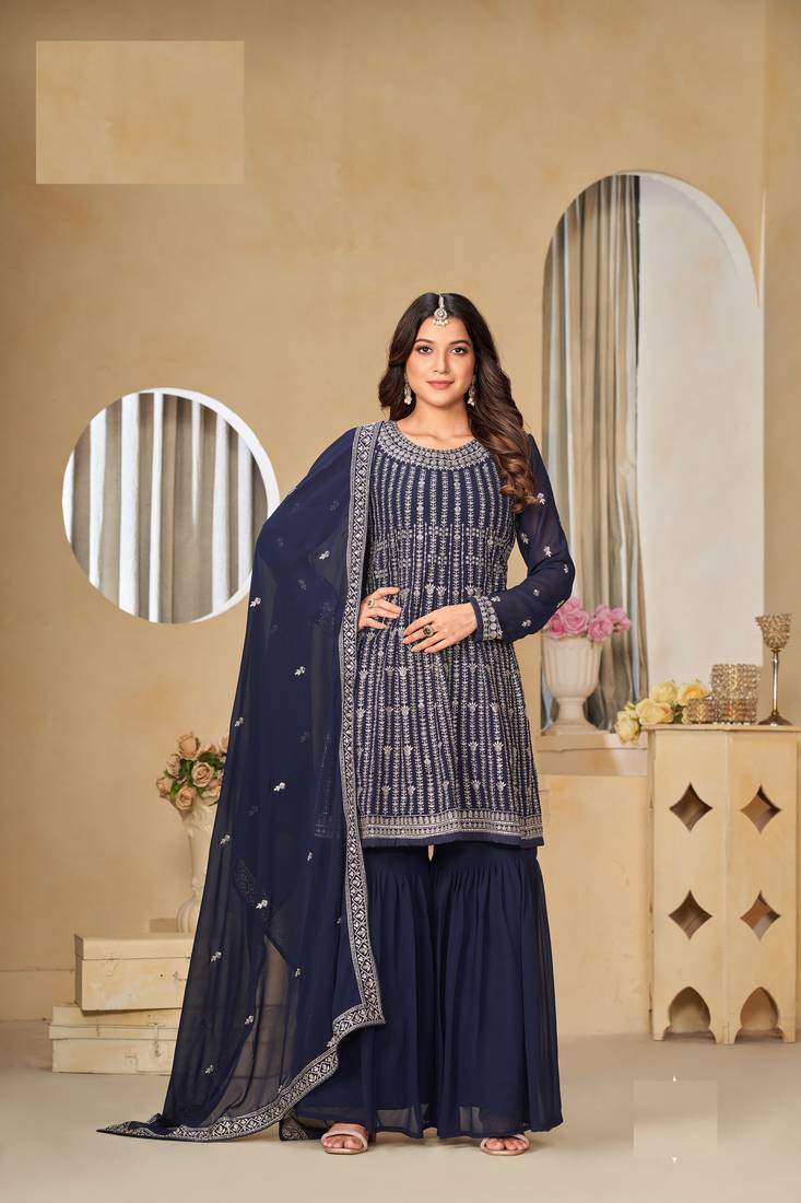 NAVY BLUE FAUX GEORGETTE EMBROIDERED PLAZZO SALWAR KAMEEZ