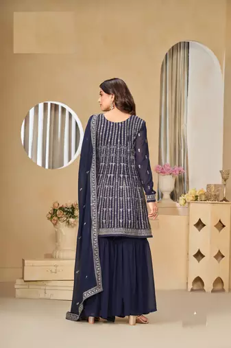NAVY BLUE FAUX GEORGETTE EMBROIDERED PLAZZO SALWAR KAMEEZ
