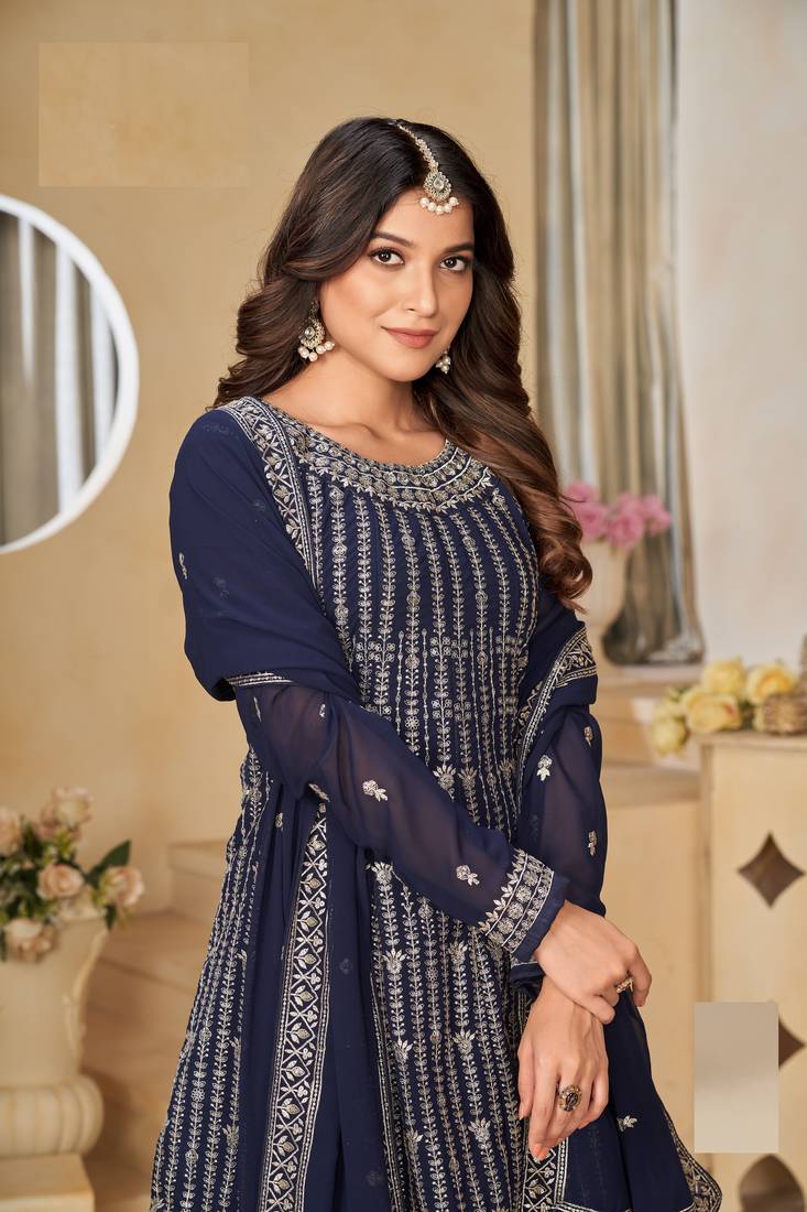 NAVY BLUE FAUX GEORGETTE EMBROIDERED PLAZZO SALWAR KAMEEZ