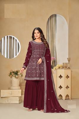 MAROON FAUX GEORGETTE EMBROIDERED PLAZZO SALWAR KAMEEZ 1