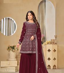 MAROON FAUX GEORGETTE EMBROIDERED PLAZZO SALWAR KAMEEZ