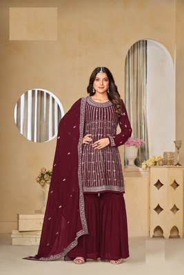 MAROON FAUX GEORGETTE EMBROIDERED PLAZZO SALWAR KAMEEZ 2