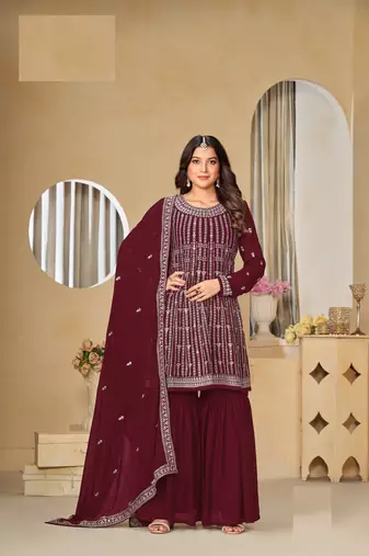 MAROON FAUX GEORGETTE EMBROIDERED PLAZZO SALWAR KAMEEZ