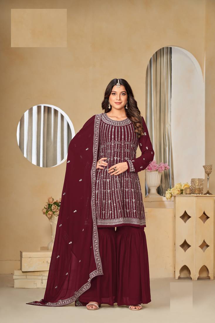 MAROON FAUX GEORGETTE EMBROIDERED PLAZZO SALWAR KAMEEZ