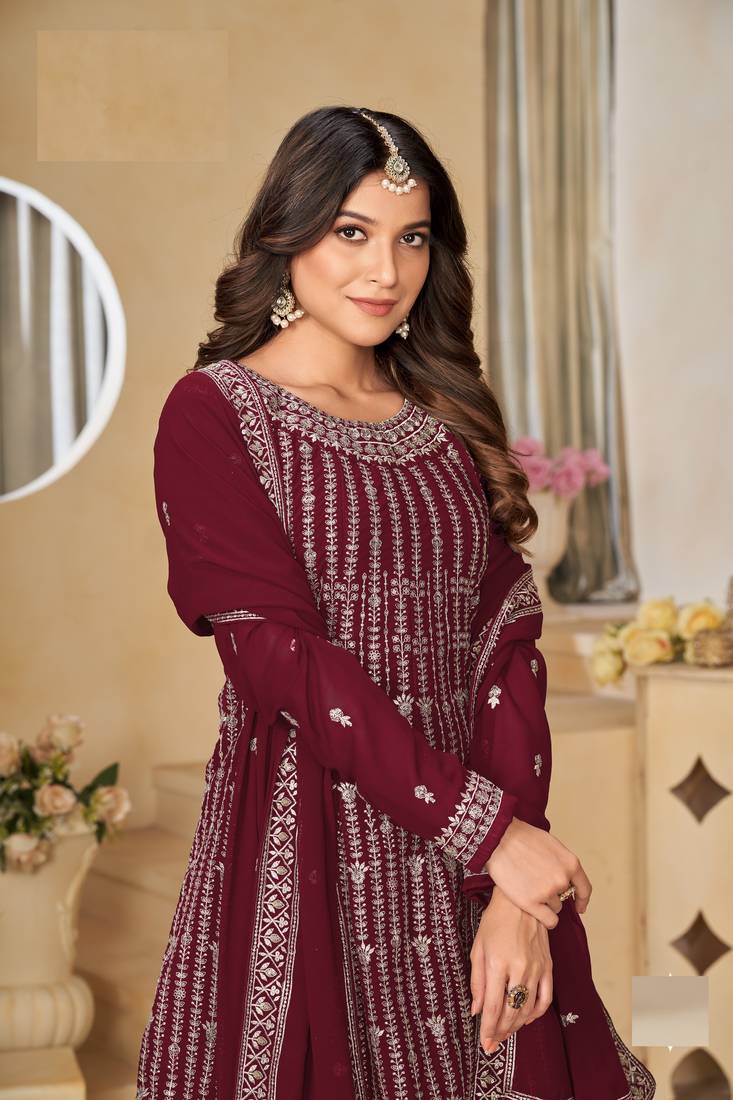 MAROON FAUX GEORGETTE EMBROIDERED PLAZZO SALWAR KAMEEZ