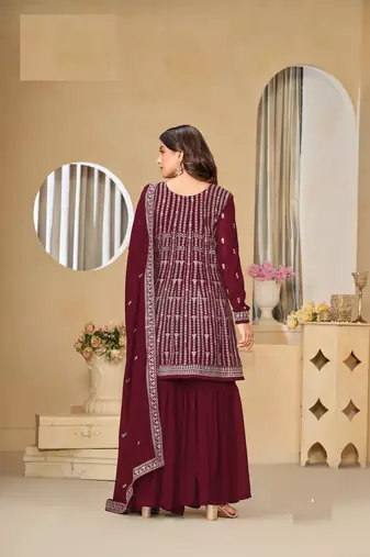 MAROON FAUX GEORGETTE EMBROIDERED PLAZZO SALWAR KAMEEZ