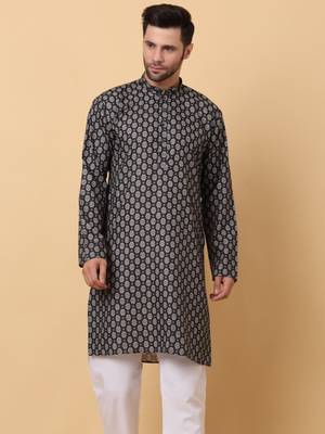 Mandarin Collor Ethnic Motif Black Kurta 1