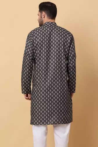 Mandarin Collor Ethnic Motif Black Kurta