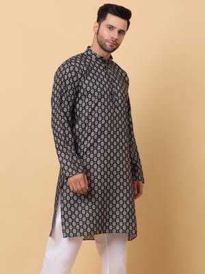 Mandarin Collor Ethnic Motif Black Kurta 5