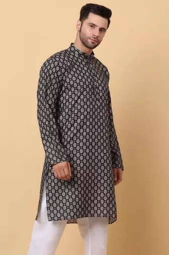 Mandarin Collor Ethnic Motif Black Kurta