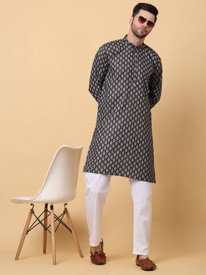 Mandarin Collor Ethnic Motif Black Kurta 6