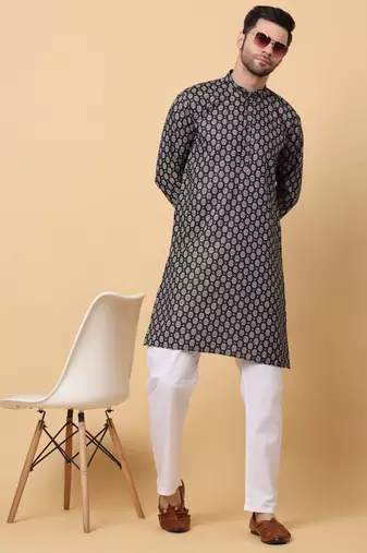 Mandarin Collor Ethnic Motif Black Kurta