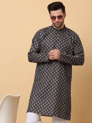 Mandarin Collor Ethnic Motif Black Kurta 7