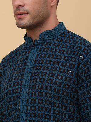 Men Cotton Blue Chikankari Embroidered Sequence Kurta 2