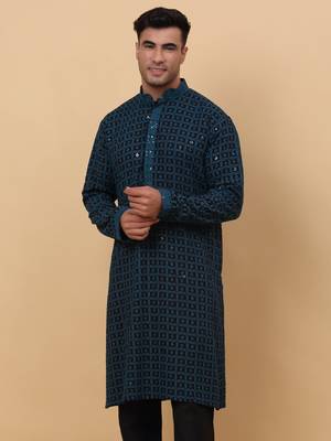 Men Cotton Blue Chikankari Embroidered Sequence Kurta 3