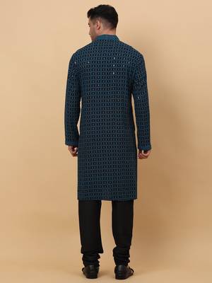 Men Cotton Blue Chikankari Embroidered Sequence Kurta 4