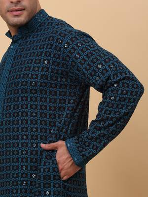 Men Cotton Blue Chikankari Embroidered Sequence Kurta 5