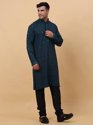 Men Cotton Blue Chikankari Embroidered Sequence Kurta 1