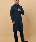 Men Cotton Blue Chikankari Embroidered Sequence Kurta