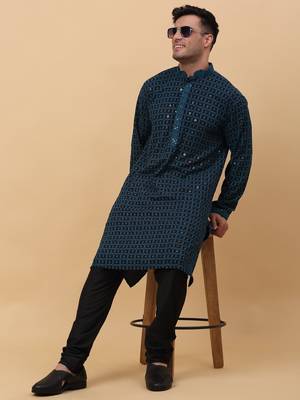 Men Cotton Blue Chikankari Embroidered Sequence Kurta 6