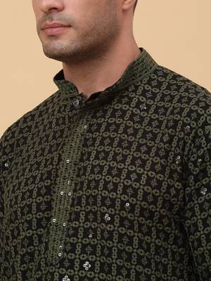 Men Cotton Green Chikankari Embroidered Sequence Kurta 2