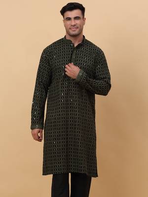 Men Cotton Green Chikankari Embroidered Sequence Kurta 3