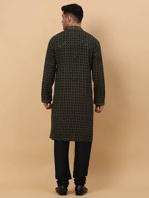 Men Cotton Green Chikankari Embroidered Sequence Kurta 4