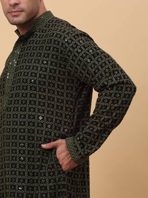 Men Cotton Green Chikankari Embroidered Sequence Kurta 5