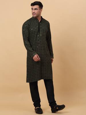Men Cotton Green Chikankari Embroidered Sequence Kurta 6