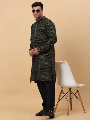 Men Cotton Green Chikankari Embroidered Sequence Kurta 1