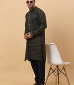 Men Cotton Green Chikankari Embroidered Sequence Kurta
