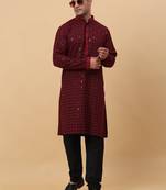 Men Cotton Maoon Chikankari Embroidered Sequence Kurta