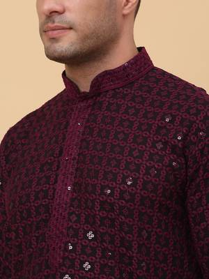 Men Cotton Purple Chikankari Embroidered Sequence Kurta 2