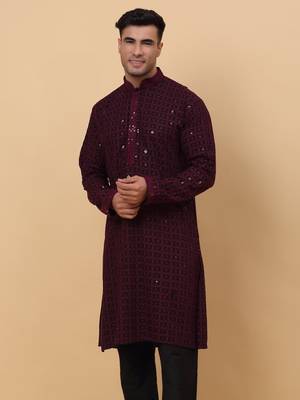 Men Cotton Purple Chikankari Embroidered Sequence Kurta 1