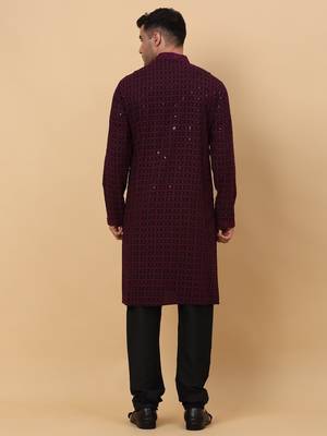 Men Cotton Purple Chikankari Embroidered Sequence Kurta 3