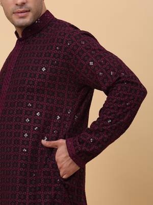 Men Cotton Purple Chikankari Embroidered Sequence Kurta 4