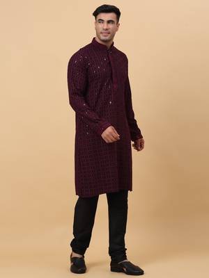 Men Cotton Purple Chikankari Embroidered Sequence Kurta 5