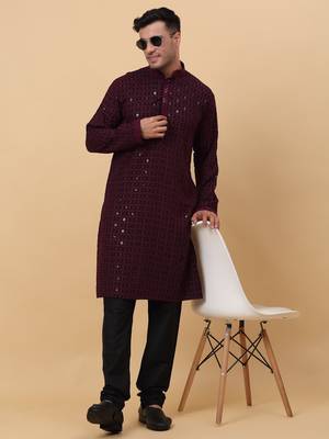Men Cotton Purple Chikankari Embroidered Sequence Kurta 6