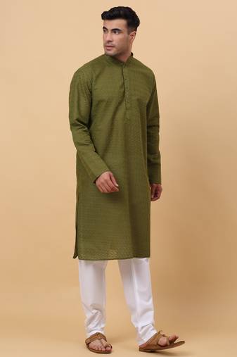 Men Cotton Green Chikan Embroidered Kurta